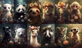 Set of beautiful closeup portraits with cute baby wild animals in flowers