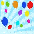 Set of beautiful colored balloons with ropes flying against the blue sky with stars Royalty Free Stock Photo