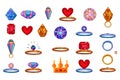 Set of beautiful crystals and rings for princess in childish style isolated on the white background. Vector illustration