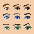 A set of beautiful different eyes and eyebrows with makeup