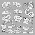 Set with beautiful different snakes. Collection reptiles, snakes,viper, boa,python,cobra coloring page, hand drawn illustration. Royalty Free Stock Photo