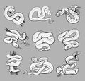 Set with beautiful different snakes. Collection reptiles, snakes,viper, boa,python,cobra coloring page, hand drawn Royalty Free Stock Photo