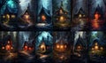 Set of beautiful dreamlike forest cottages