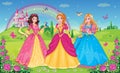 Set beautiful elf princesses. Children`s background with castle, rainbow and fabulous flower meadow. Wallpaper for girl. Vector.