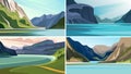 Set of beautiful fjord landscapes.