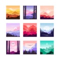 Set of beautiful flat cartoon landscapes with mountains, hills and forest. Natural theme. Vector collection of nature