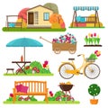 Set of beautiful garden scene with flowers, bike, garden furniture and decor