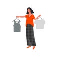 Set of beautiful girl in daily life scenes. Young woman shopping and chooses clothes Flat cartoon vector Royalty Free Stock Photo