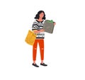 Set of beautiful girl in daily life scenes. Young woman shopping chooses clothes healty food. Flat cartoon vector Royalty Free Stock Photo