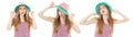 Set Beautiful girl woman with hat smiling on a background white Royalty Free Stock Photo