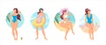 Set of beautiful girls in bikini relaxing on the beach. Young women sunbathe Royalty Free Stock Photo