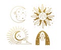 Set of beautiful golden mystical elements in boho style, sun and crescent with a face, the moon, a female face with