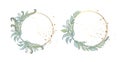 A set of beautiful golden wedding frames decorated with green forest leaves of herbs and plants. Flat vector art Royalty Free Stock Photo