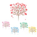 Set of beautiful love trees with red, green, blue, pink and yellow hearts leaves different sizes on white background. Vector illus Royalty Free Stock Photo