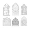 Set of beautiful medieval stained glass windows from French churches. Black and white drawing for coloring book. Gothic