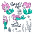 Set of beautiful mermaids with pink hair. Vector illustrations.