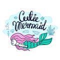 Set of beautiful mermaids with pink hair. Vector illustrations.