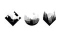 Set of Beautiful Monochrome Landscapes in Geometric Shapes, Mountain Scenes with Silhouettes of Coniferous Trees Vector