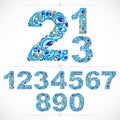 Set of beautiful numbers decorated with blue herbal ornament. Vector numeration made in floral style.