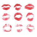 Set of beautiful red lips print on isolated