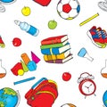 A set of beautiful school supplies. Geometric shapes, water with apple, globe, sneakers, ball, alarm clock, books.