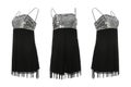 Set of beautiful short black party dresses with paillettes from different views on background