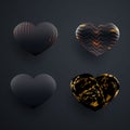 Set of beautiful textured black 3d glossy heart shape. Dot texture, bend, wave, ink spots. Black heart elements for your design.