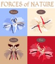 Set of beautiful vector cards. Forces of nature, depicted in the form of dancing girls. Four elements: fire, air, earth and water Royalty Free Stock Photo