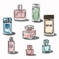 Set of beautiful vector perfume bottles bright colored, linear icons. Fragrance, perfume, essences,Ã¢â¬âEau de toilette, scent. Royalty Free Stock Photo