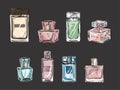 Set of beautiful vector perfume bottles bright colored, linear icons. Fragrance, perfume, essences,Ã¢â¬âEau de toilette, scent. Royalty Free Stock Photo