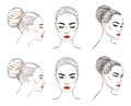 Set of beautiful woman with bun hairstyle and elegant makeup