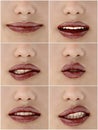 Set of beautiful woman`s lips. Girl mouths close up with red lipstick makeup expressing different emotions. 3d illustration