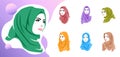 Set of beautiful woman wearing colorful hijab icon, hijab logo isolated