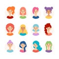 Set of beautiful women with different hairstyles and hair color. Collection of cute girls avatars. Vector illustration isolated on