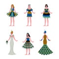 Set of beautiful young women wearing elegant peacock dress cartoon vector illustration Royalty Free Stock Photo