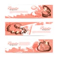 Set of beauty sketch banners. Vintage hand drawn vector illustration of cosmetic accessories