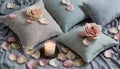 A set of bedding with pillows, a made bed with rose petals and roses, Valentine\'s Day mood, love, a lit candle on the bed