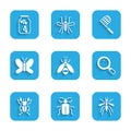 Set Bee, Chafer beetle, Mosquito, Magnifying glass, Beetle deer, Butterfly, net and Fireflies bugs jar icon. Vector