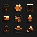 Set Bee and honeycomb, Beekeeper with protect hat, Honeycomb hand, Hive for bees, Stack of pancakes, and icon. Vector Royalty Free Stock Photo
