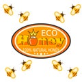 Set bee logo labels for honey products organic farm natural sweet product quality healthy food vector illustration. Royalty Free Stock Photo