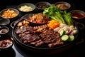 set of beef and pork ready for grill on stove serve with vegetable,soup and rice and side dish, Korean style barbecue Royalty Free Stock Photo