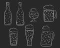 Vector illustration in chalk sketch style. Set of beer glasses and bottles. Royalty Free Stock Photo