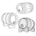 Set of beer barrels, wooden barrels for alcoholic beverages with taps, containers for aging wine, outline vector illustration