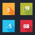 Set Beer bottle, Speech bubble chat, Cigarette and Photo camera icon. Vector