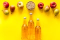 Set of beer bottles with apple, pears, wheat top-down Royalty Free Stock Photo