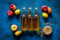 Set of beer bottles with apple, pears, wheat top-down Royalty Free Stock Photo