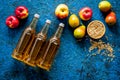 Set of beer bottles with apple, pears, wheat top-down Royalty Free Stock Photo