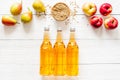 Set of beer bottles with apple, pears, wheat top-down Royalty Free Stock Photo