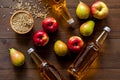 Set of beer bottles with apple, pears, wheat top-down Royalty Free Stock Photo