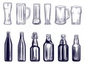 Set of beer bottles and mug. Different Beer glasses. Engraving style. Royalty Free Stock Photo